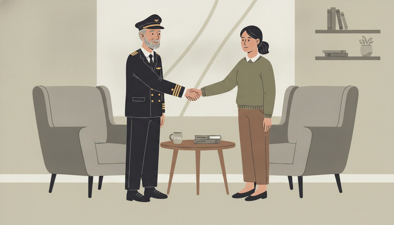 Pilot in uniform shakes hands with a woman in a living room, standing between two armchairs around a small table.