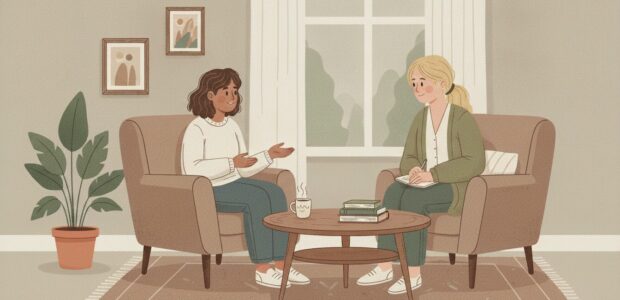 Two women sit on armchairs facing each other in a cozy living room, chatting across a coffee table with a mug and books nearby.