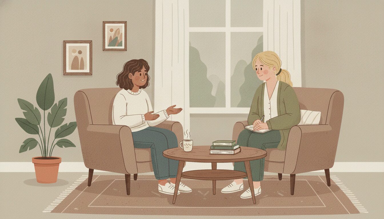 Two women sit on armchairs facing each other in a cozy living room, chatting across a coffee table with a mug and books nearby.