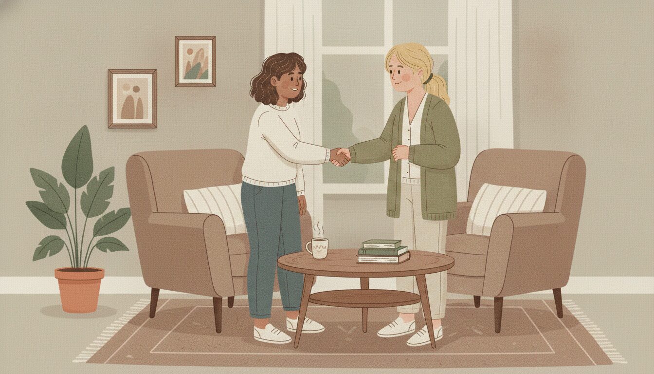 Two women shake hands in a cozy living room, standing beside a coffee table with a steaming mug and books nearby.