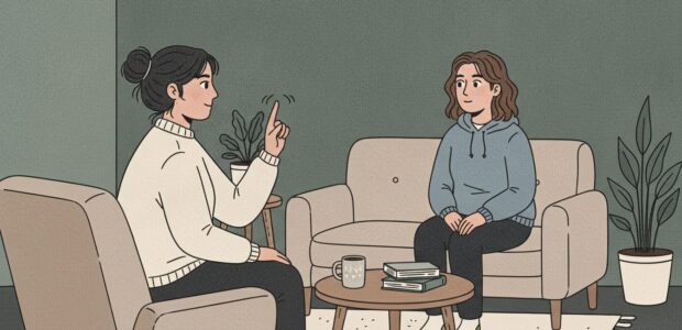 Two people in a cozy living room therapy-style chat; one person on the left raises a finger to speak while the other listens on a sofa between them with a mug and books on the table.