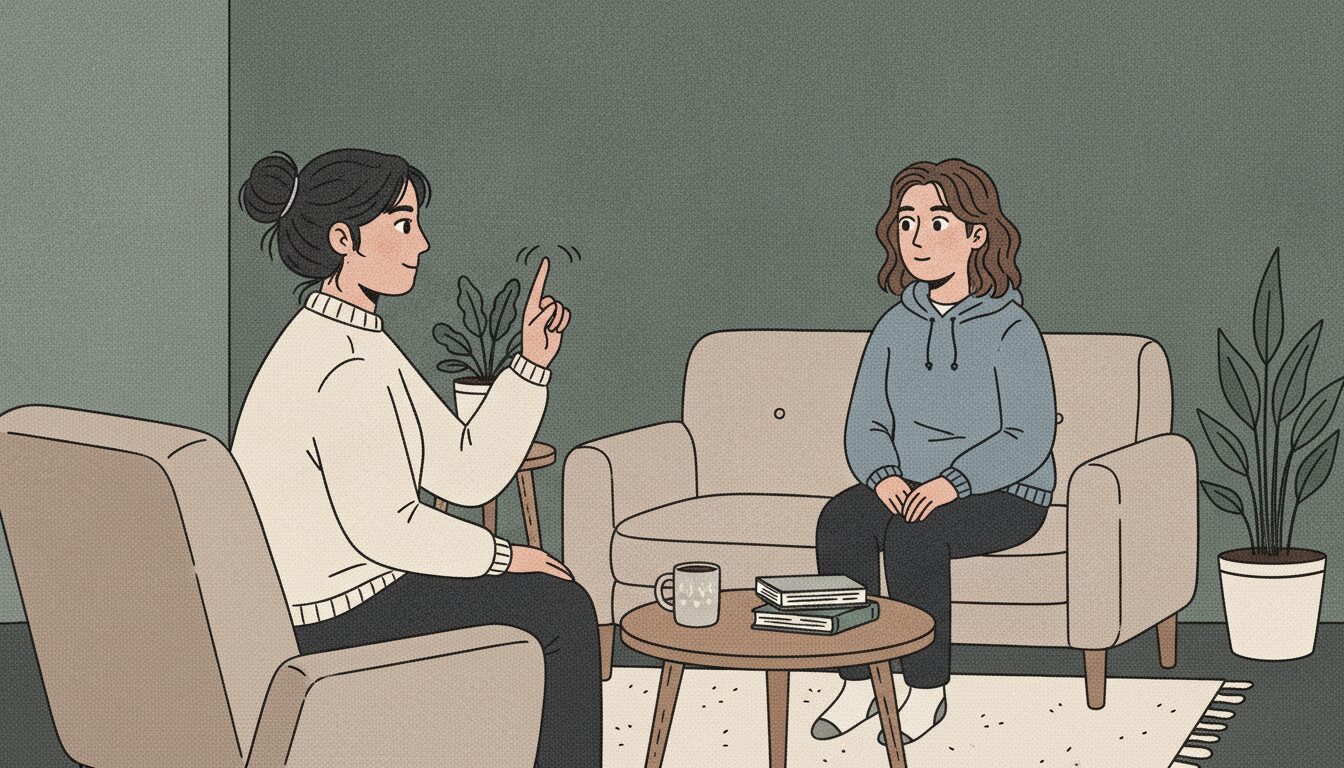Two women are sitting across from each other in a therapist's office. The therapist is holding up her finger and the patient is tracking the movement with her eyes for EMDR therapy. 
