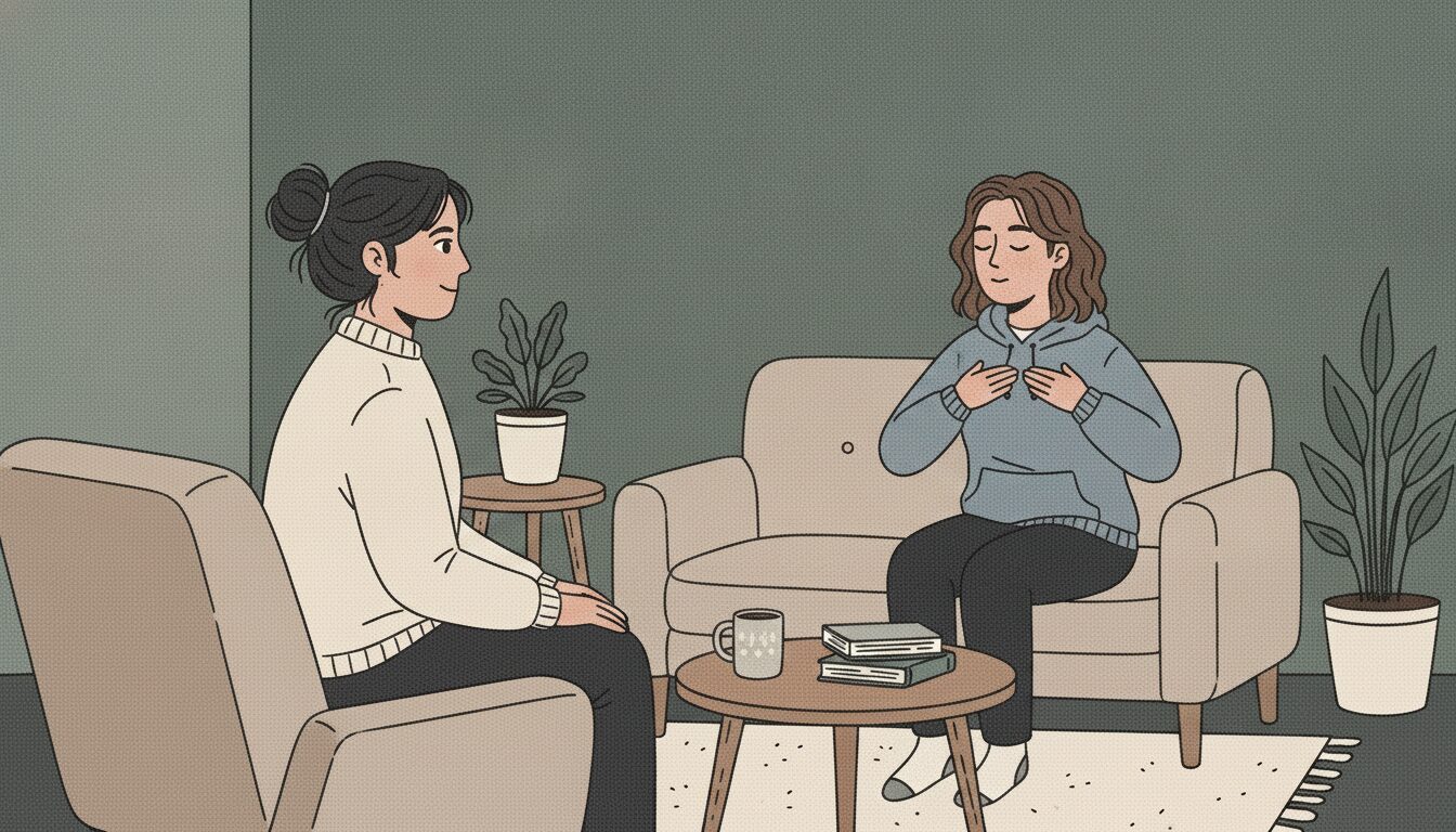 Two women sit across from each other on couches and chairs. The therapist is watching the patient, who is doing bilateral tapping on her chest for EMDR. 