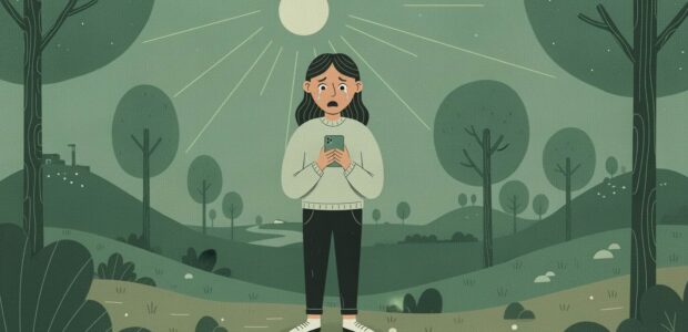 Illustration of a woman standing outside in a park reading a text. She is shocked and crying.