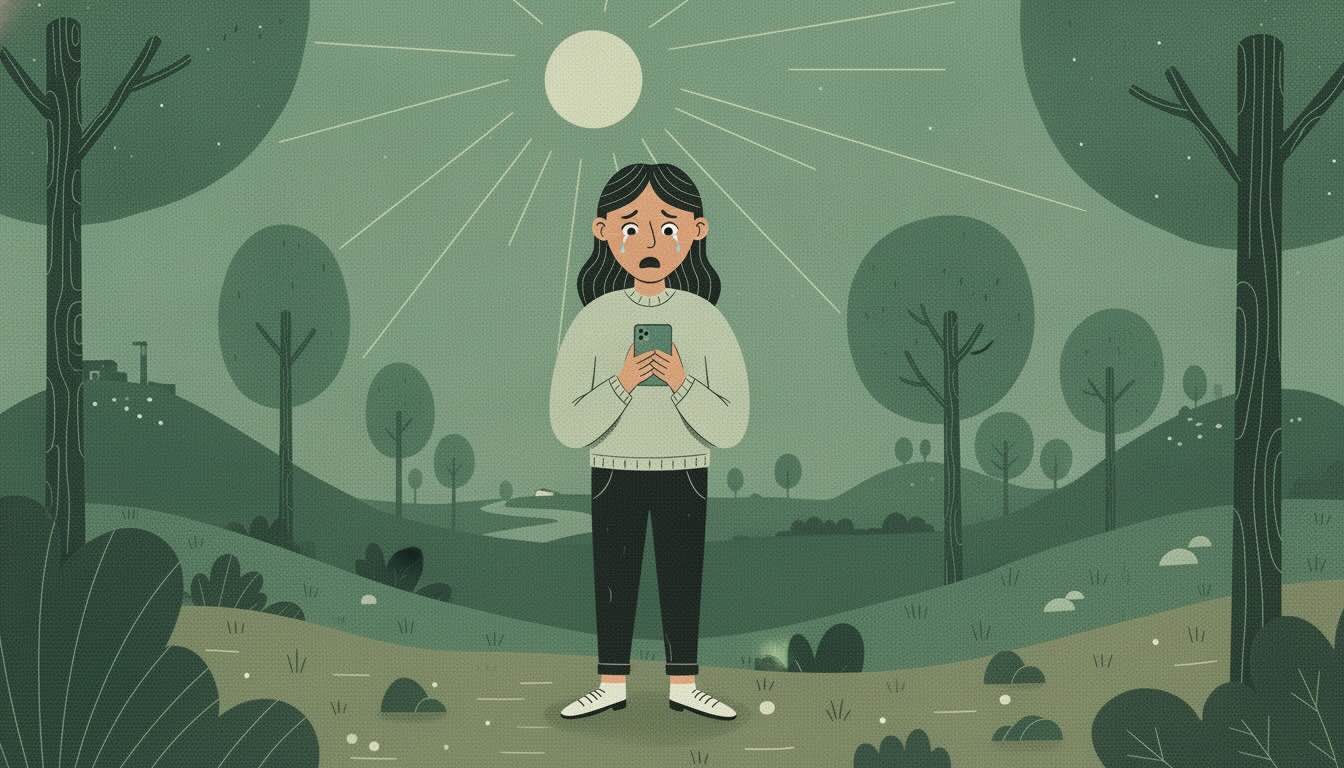 Illustration of a woman standing outside in a park reading a text. She is shocked and crying.