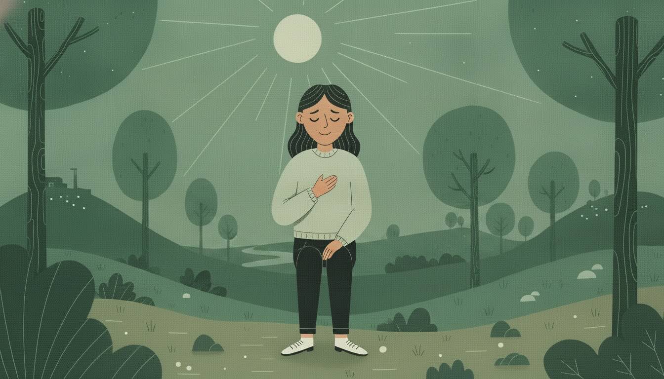 Illustration of a woman standing outside in a park. She has her hand on her heart and her eyes are closed. She looks peaceful.
