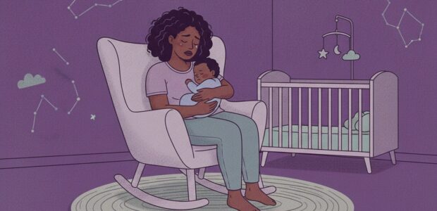 Black mother sitting in a rocking chair in the nursery with her baby. She is crying and looks tired. The baby is sleeping.