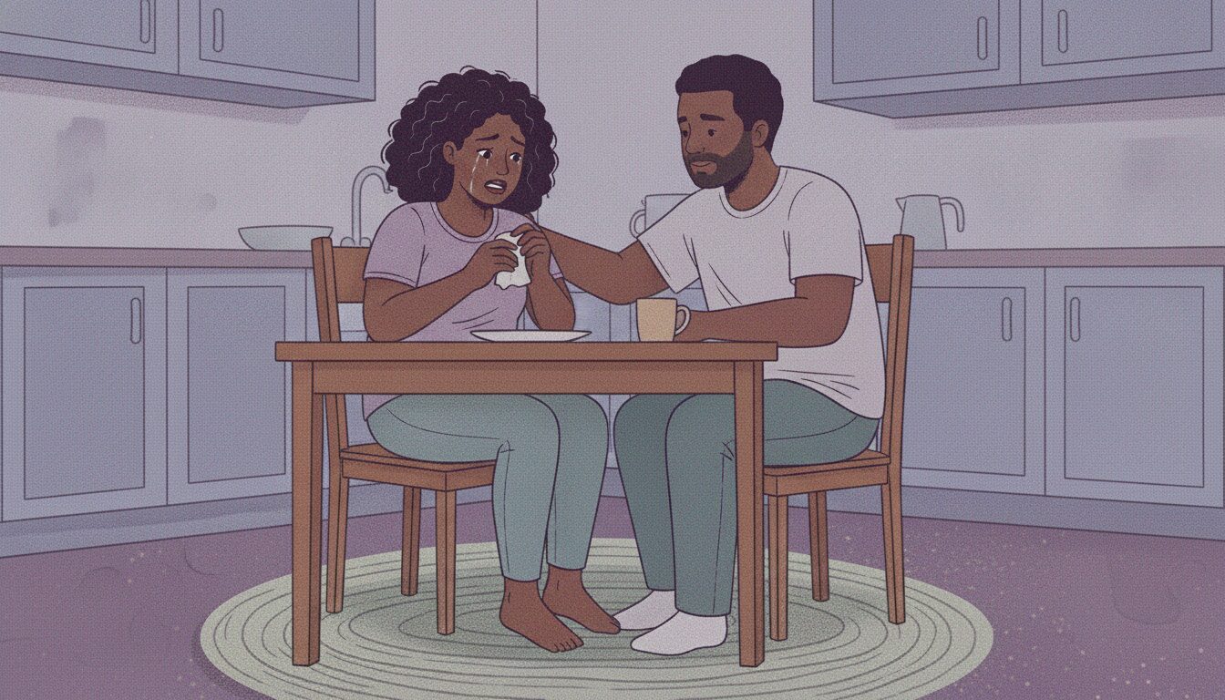 Black woman sitting at a kitchen table talking and crying. A Black man is listening to her and has his hand on her shoulder.