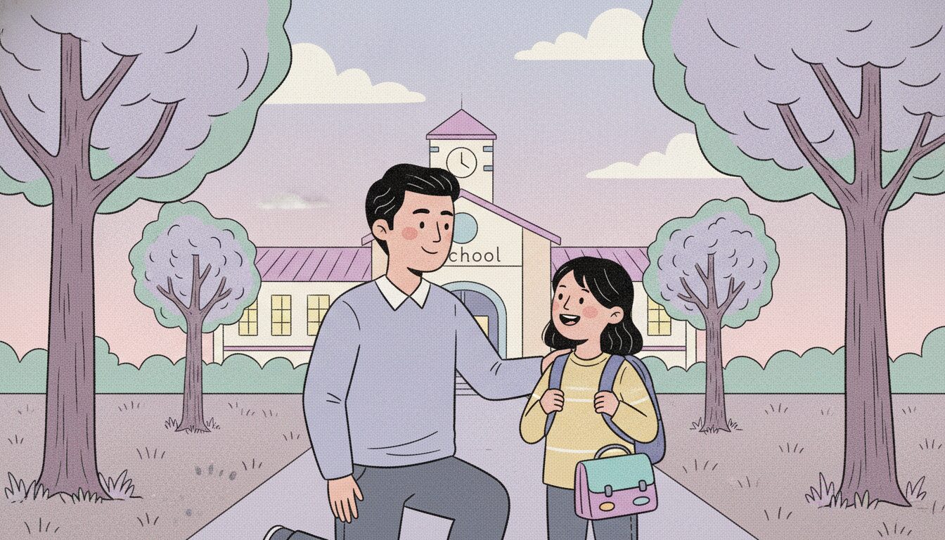 A parent drops his child off early to school. They're both smiling.
