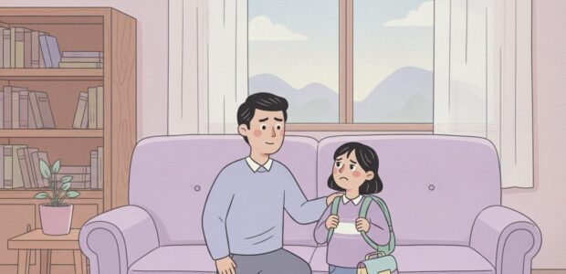 A parent comforts his young child in their living room before school.