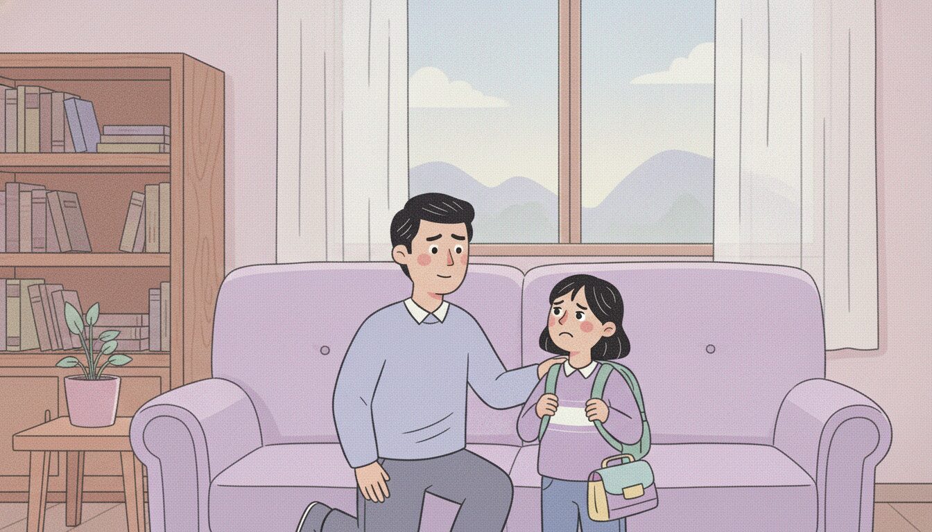A parent comforts his stressed child before school.