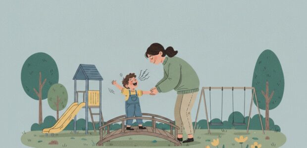 A smiling parent helps her smiling and energetic child. They're in a playground.