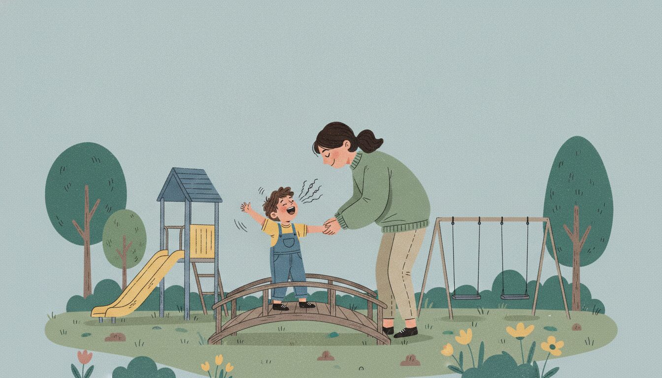 A smiling parent helps her smiling and energetic child. They're in a playground.