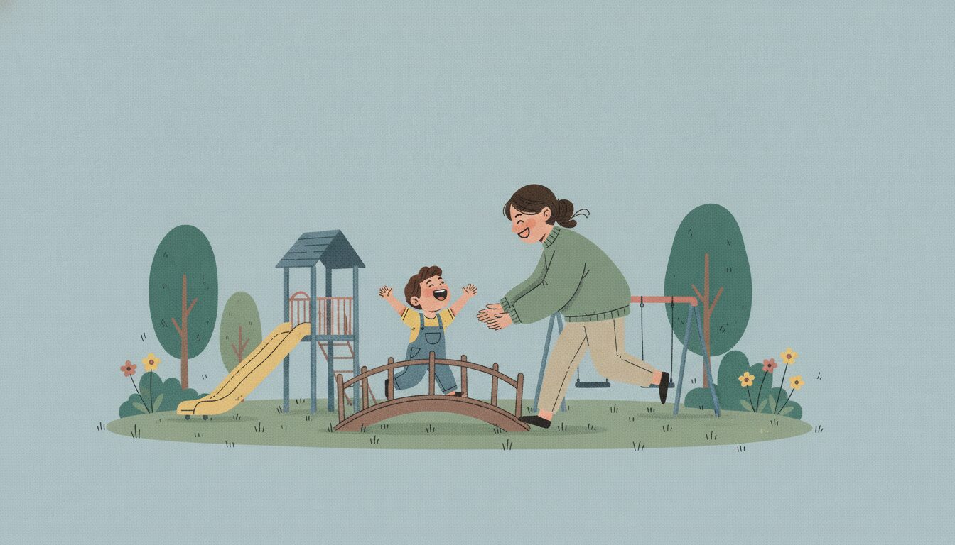 A smiling parent chases her smiling and energetic child. They're in a playground.