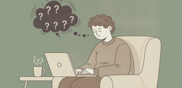 A man is sitting at his computer and looks discouraged. There's a thought bubble with question marks next to him.