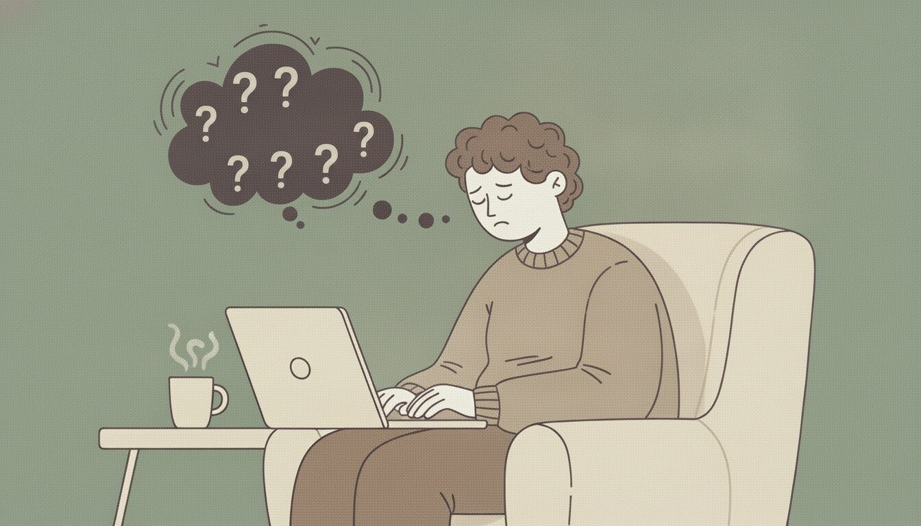 A man is sitting at his computer and looks discouraged. There's a thought bubble with question marks next to him.