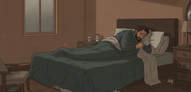 A depressed man is in bed in a darkened room.