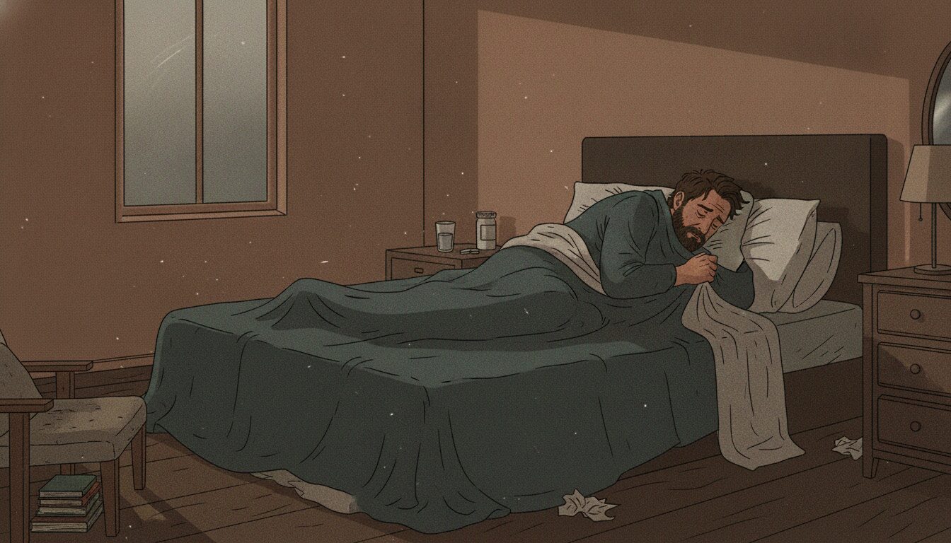 A depressed man is in bed in a darkened room.