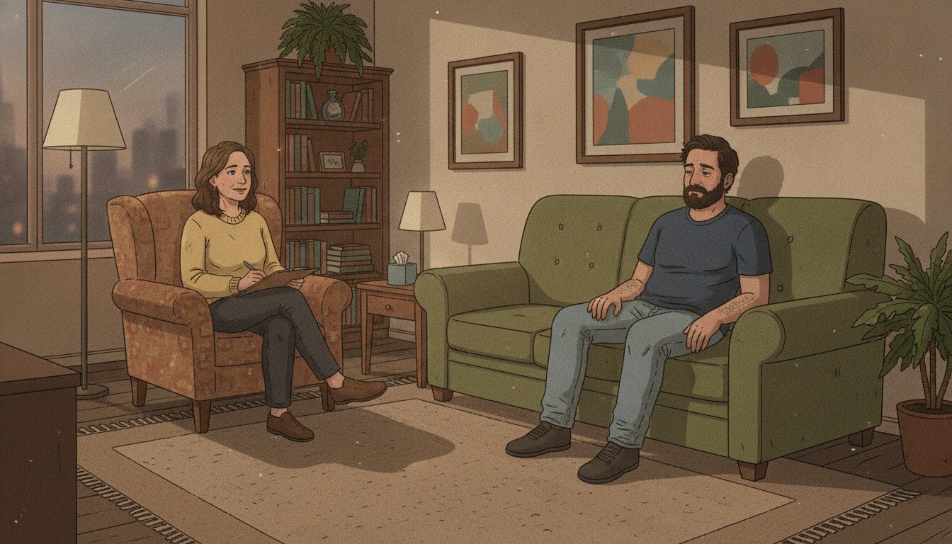 A depressed man sits in an office, talking to a psychiatrist.