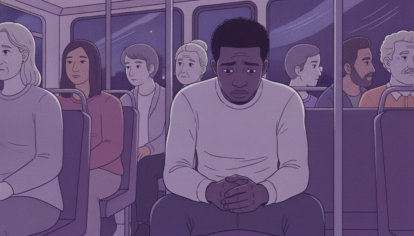 An anxious man sits on the bus. Behind him are several people sitting calmly.