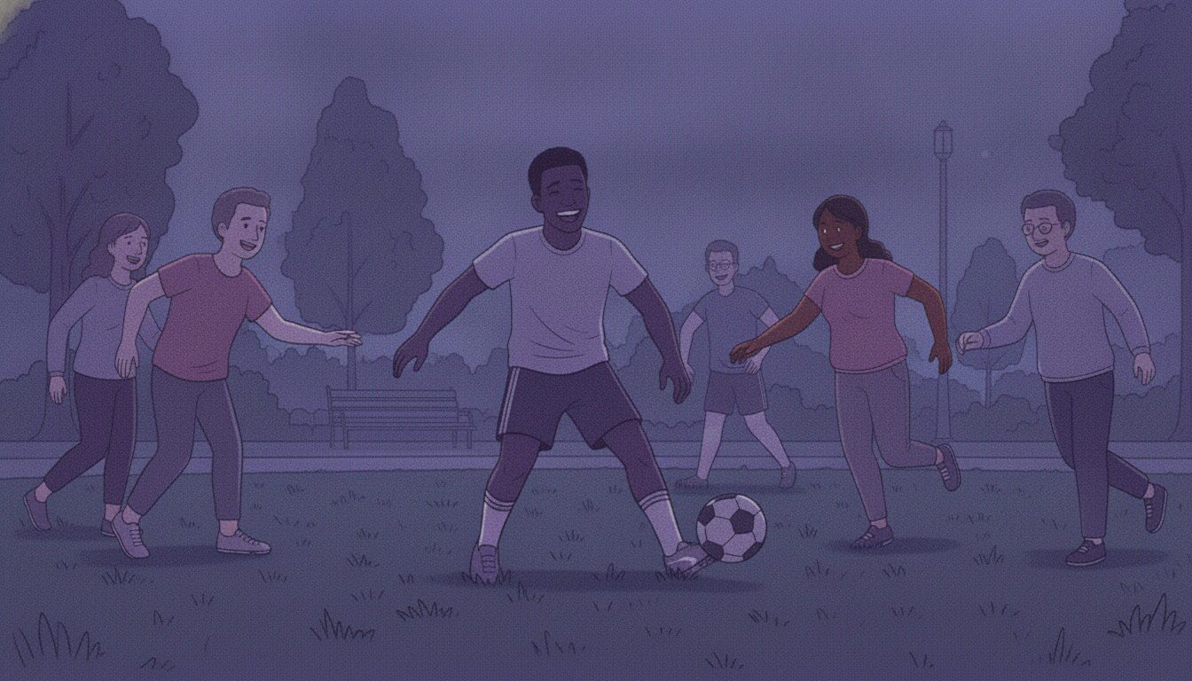 A young man plays soccer with a group of friends in a field outside. The man is smiling.