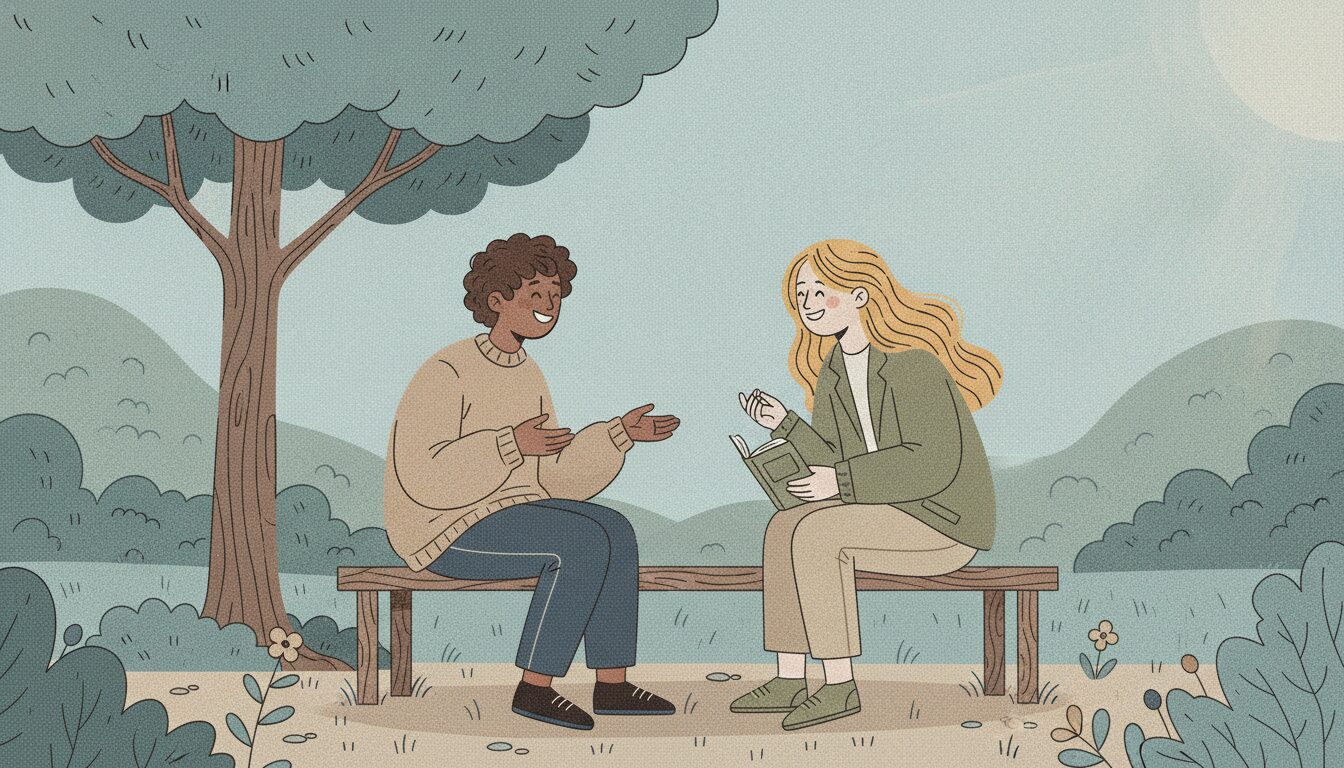 Two people sit on a bench in a park and are enthusiastically talking to each other.