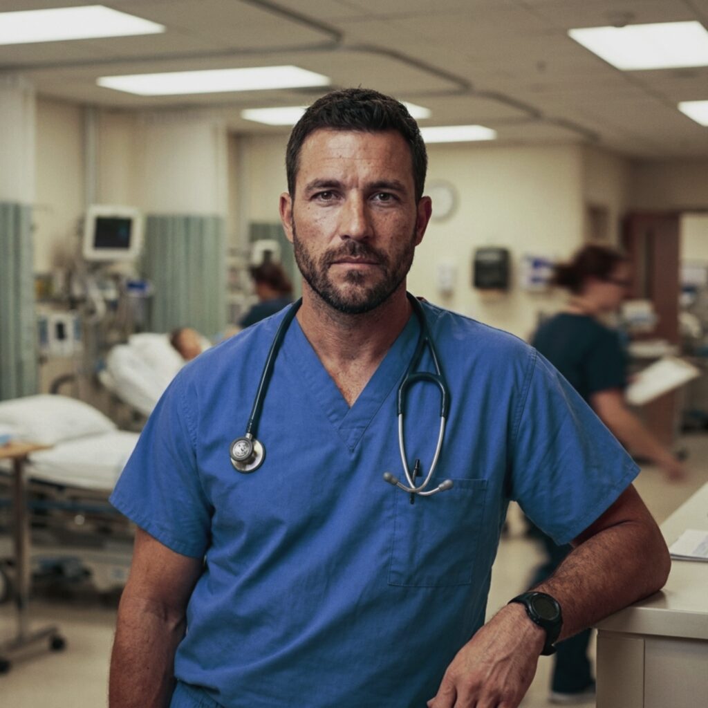 A nurse in his uniform in a hospital