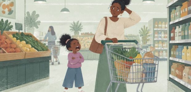 A mom and her daughter are in the grocery store. The daughter is crying and upset. The mom doesn't know what to do.