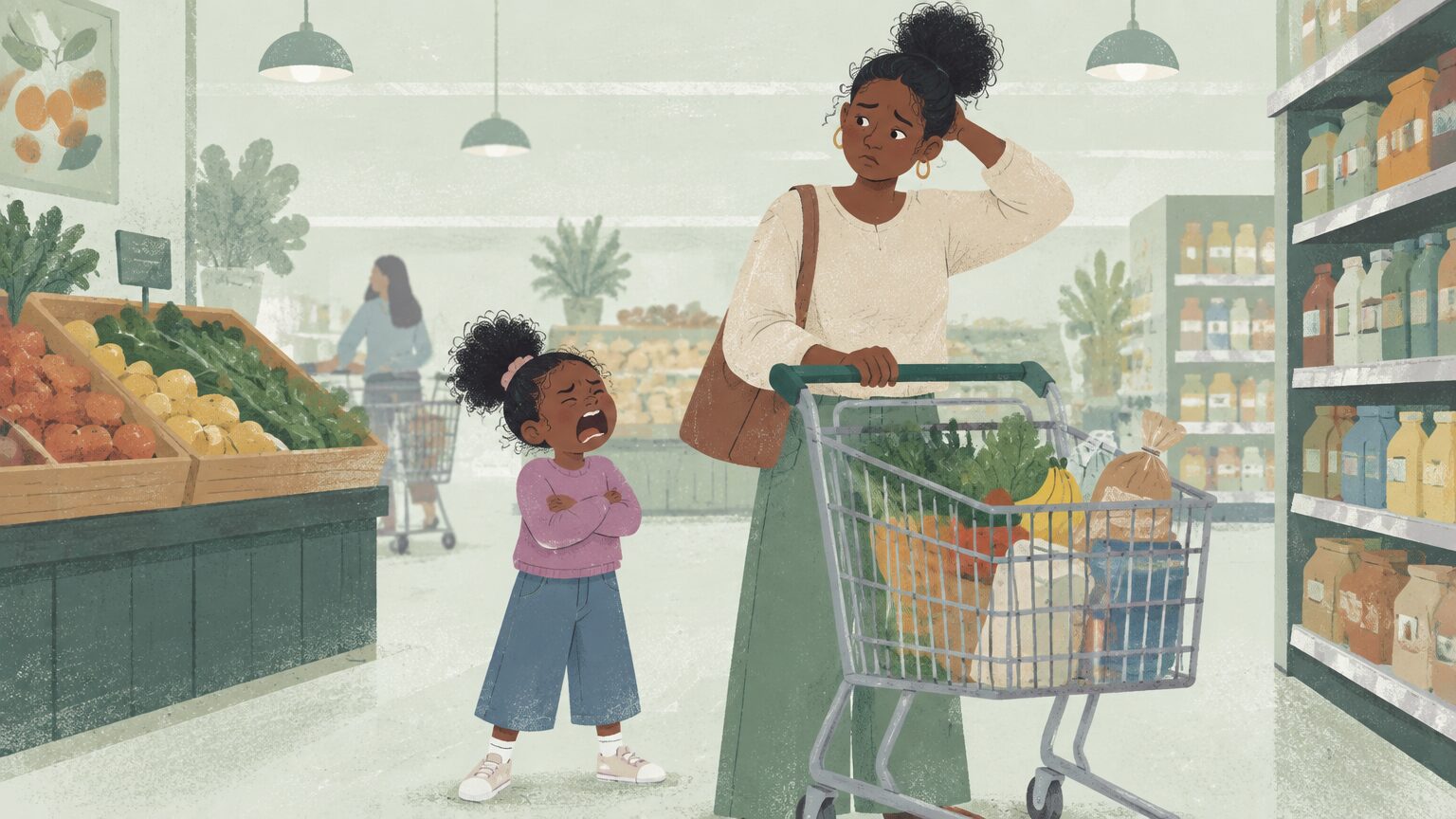 A mom and her daughter are in the grocery store. The daughter is crying and upset. The mom doesn't know what to do.