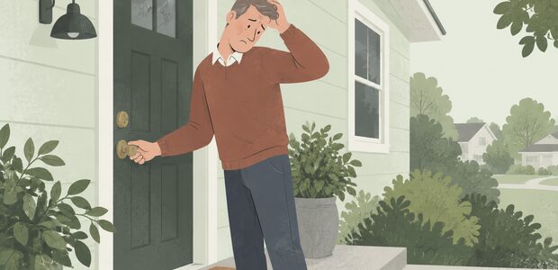 A man stands in front of his front door, checking to see if it's locked and looks confused.