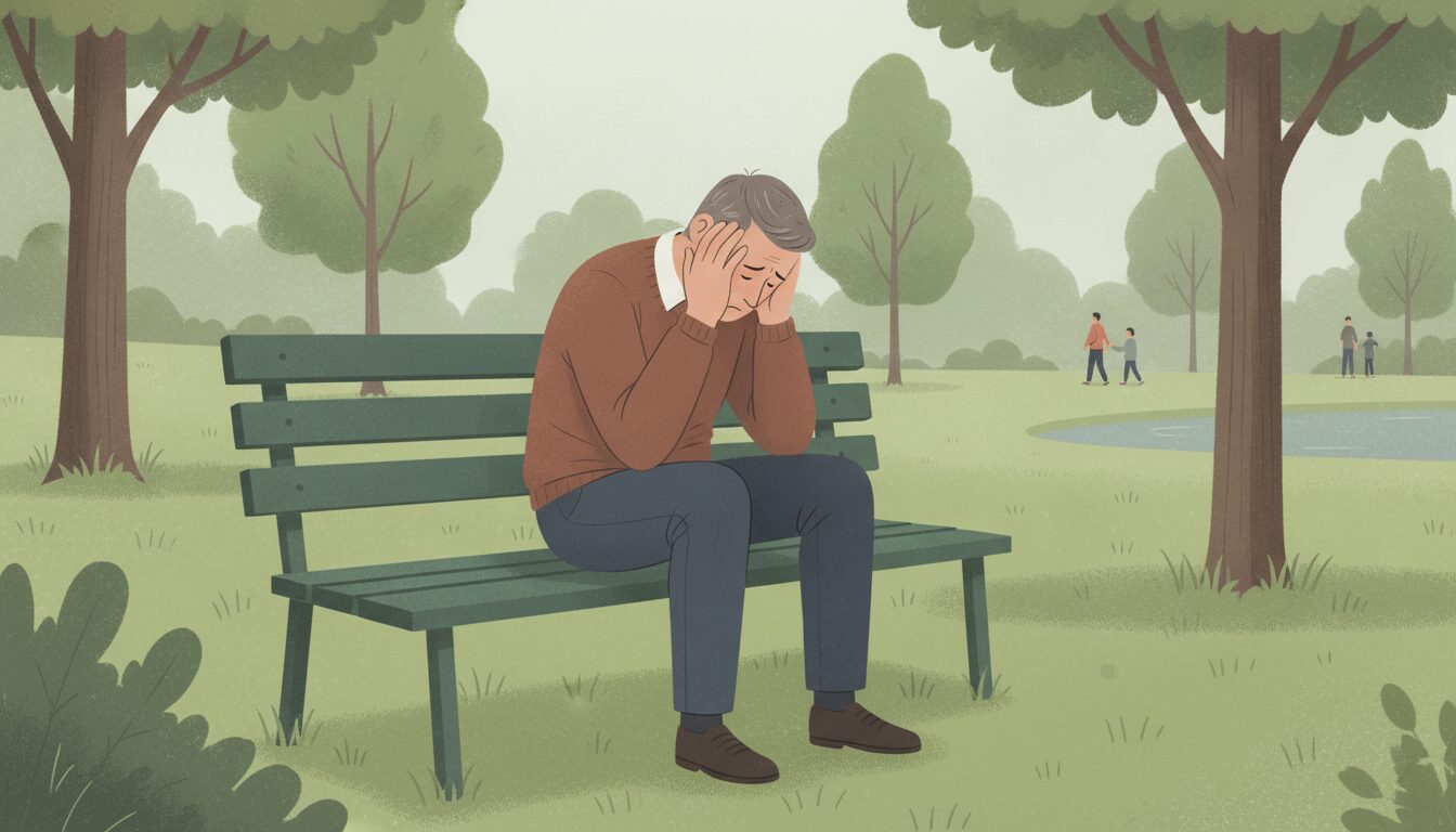 A man sits on a park bench, with his head in his hands