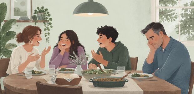 A family sits at the dinner table. Everyone is talking except the man who is depressed and keeping to himself.