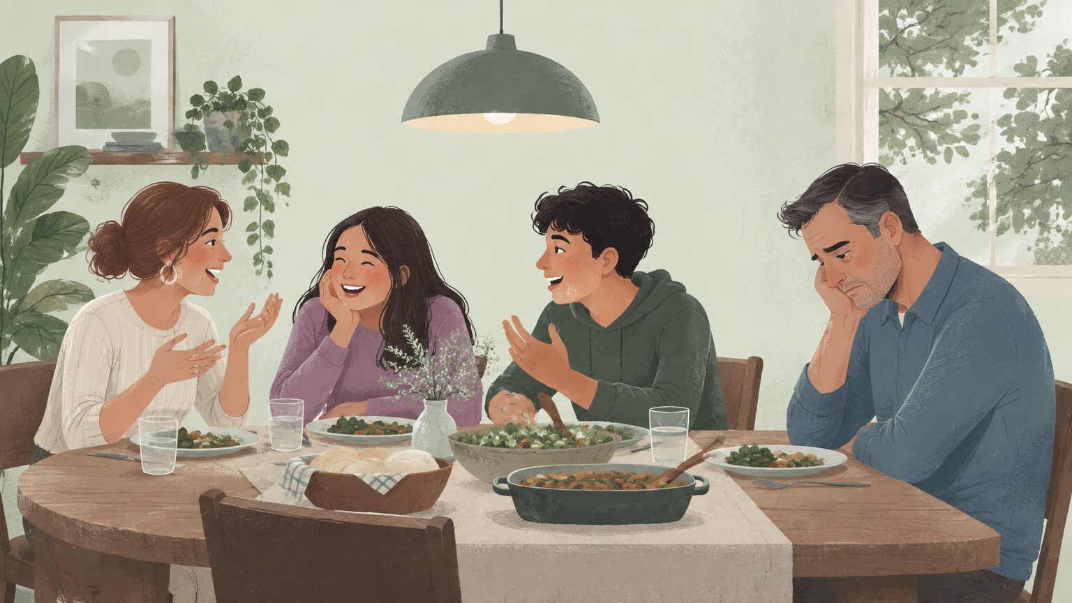 A family sits at the dinner table. Everyone is talking except the man who is depressed and keeping to himself.