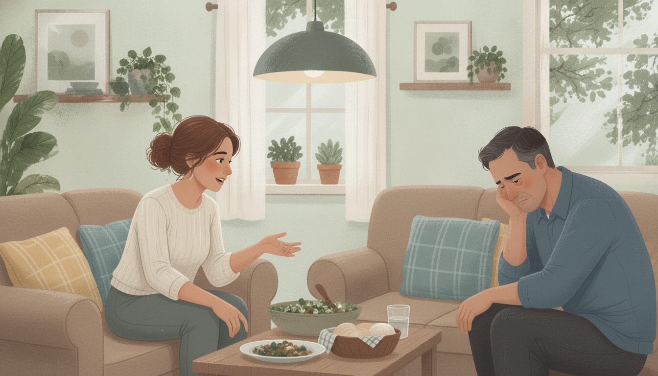 A woman is sitting across from a man in a living room. He looks sad and withdrawn. She's talking to him with encouragement.