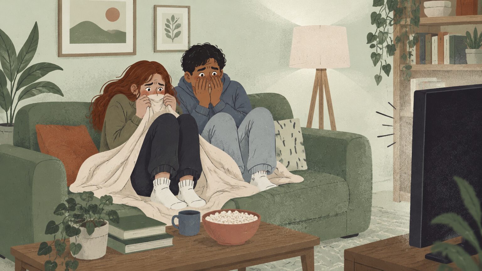Two people sit on the couch watching a horror movie. They look scared.