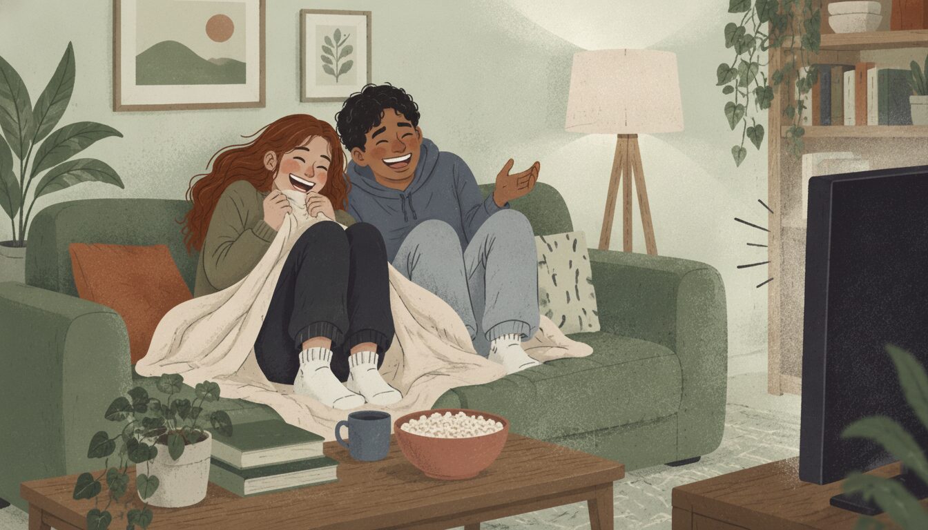 Two people sit laughing on the couch, watching something on TV.